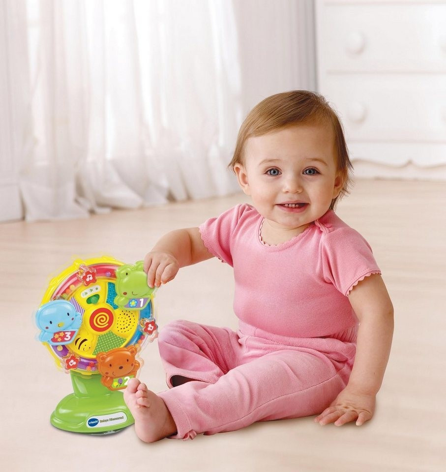 VTech Babys Riesenrad Musikalische Spieluhr mit Saugnapf, ab 6 Monaten VTech Babys Riesenrad mit blinkenden Sternen, 3 Funktionstasten zum Lernen von Namen & ersten Zahlen, 10 Melodien, 5 gesungene Lieder, Saugnapf, Lautstärkeregler, ab 6 Monaten,