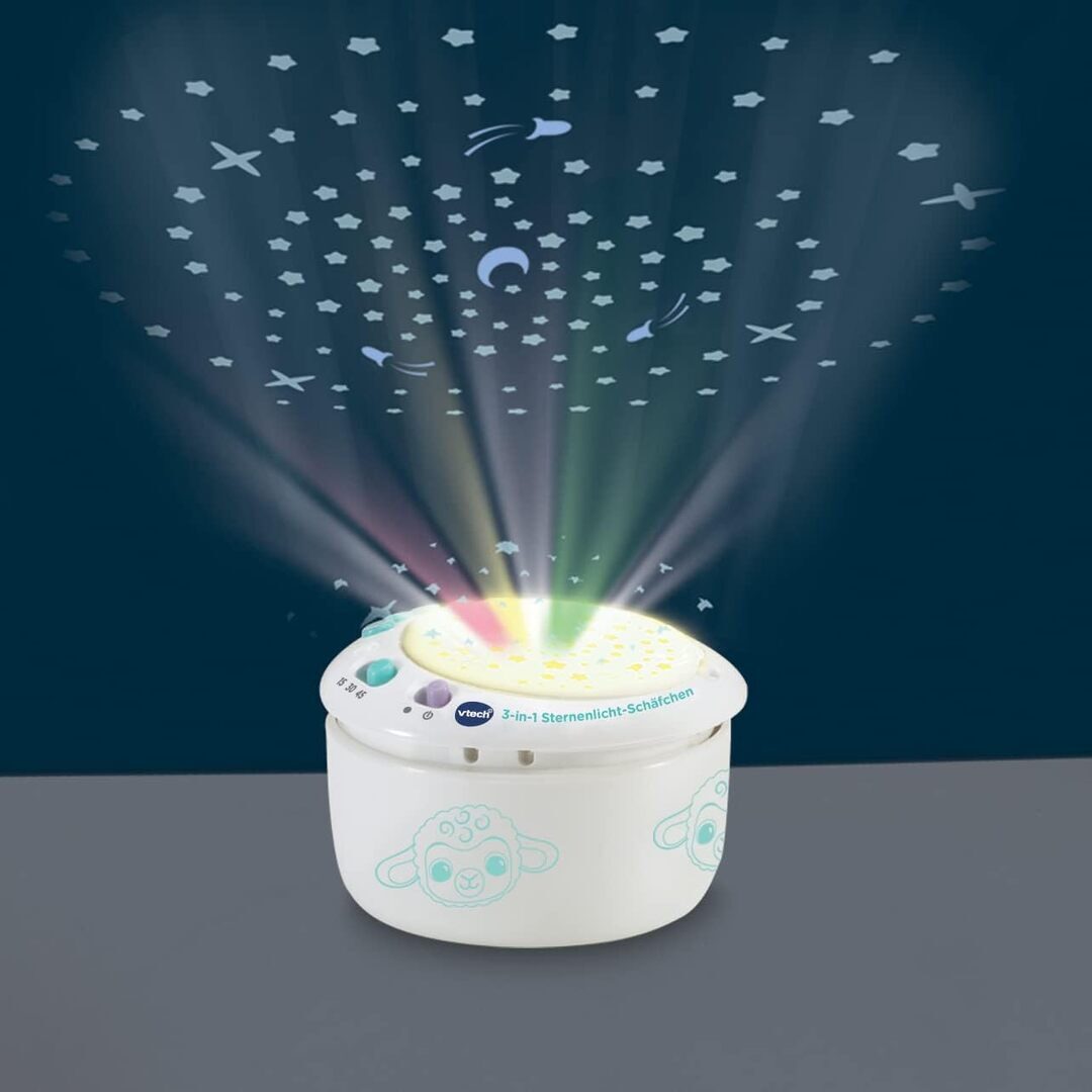 VTech 3-in-1 Sternenlicht-Schäfchen Projektion, Musik & Kuscheltier ab 0,5 Jahr VTech 3-in-1 Sternenlicht-Schäfchen aus weichem Plüsch mit abnehmbarem Projektormodul, 3 Lichtschablonen, 3 Liedern, 40 Melodien, 25 Natur-Sounds, Timer & Geräusch-Sensor, ab 0,5 J., Licht, Beleuchtung, Licht, Beleuchtung