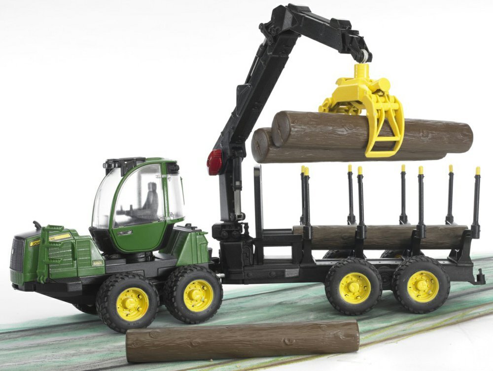 BRUDER 02133 - John Deere 1210E Rückezug mit 4 Baumstämmen und Holzgreifer Maschine, Rad