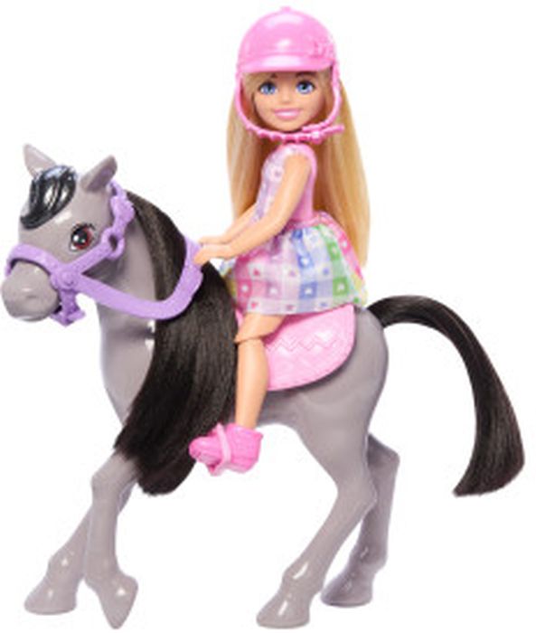 Barbie Chelsea & Pony Spielset Puppe mit beweglichen Beinen, Pferd mit Sattel & Steigbügeln, inkl. Helm & Karo-Kleid, HTK29 Figur, Puppe, Spielzeug, Gesicht, Person