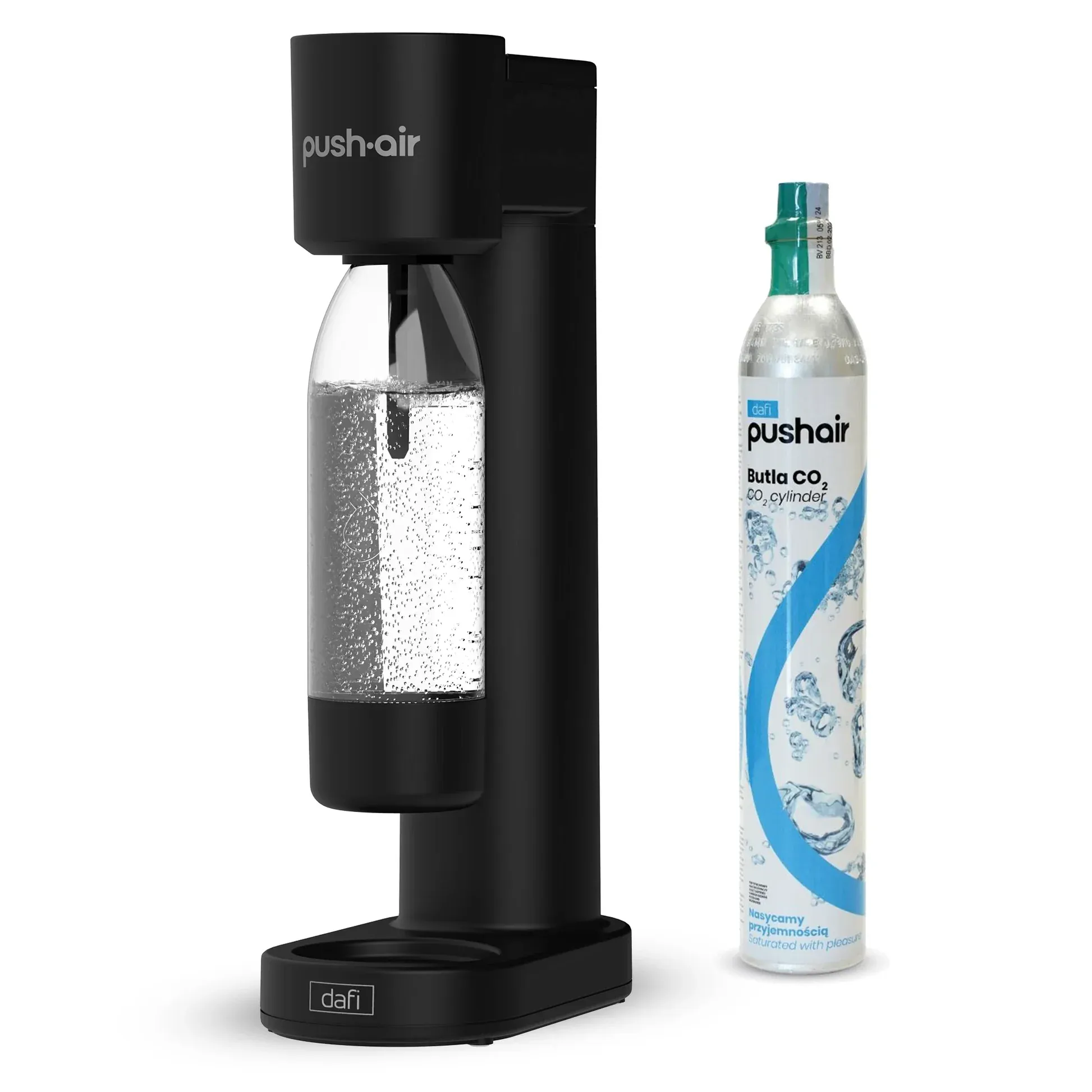 PEARLCO 079058 DAFI Wassersprudler Pushair inkl. CO₂-Zylinder und 0,7 l Flasche – Schwarz