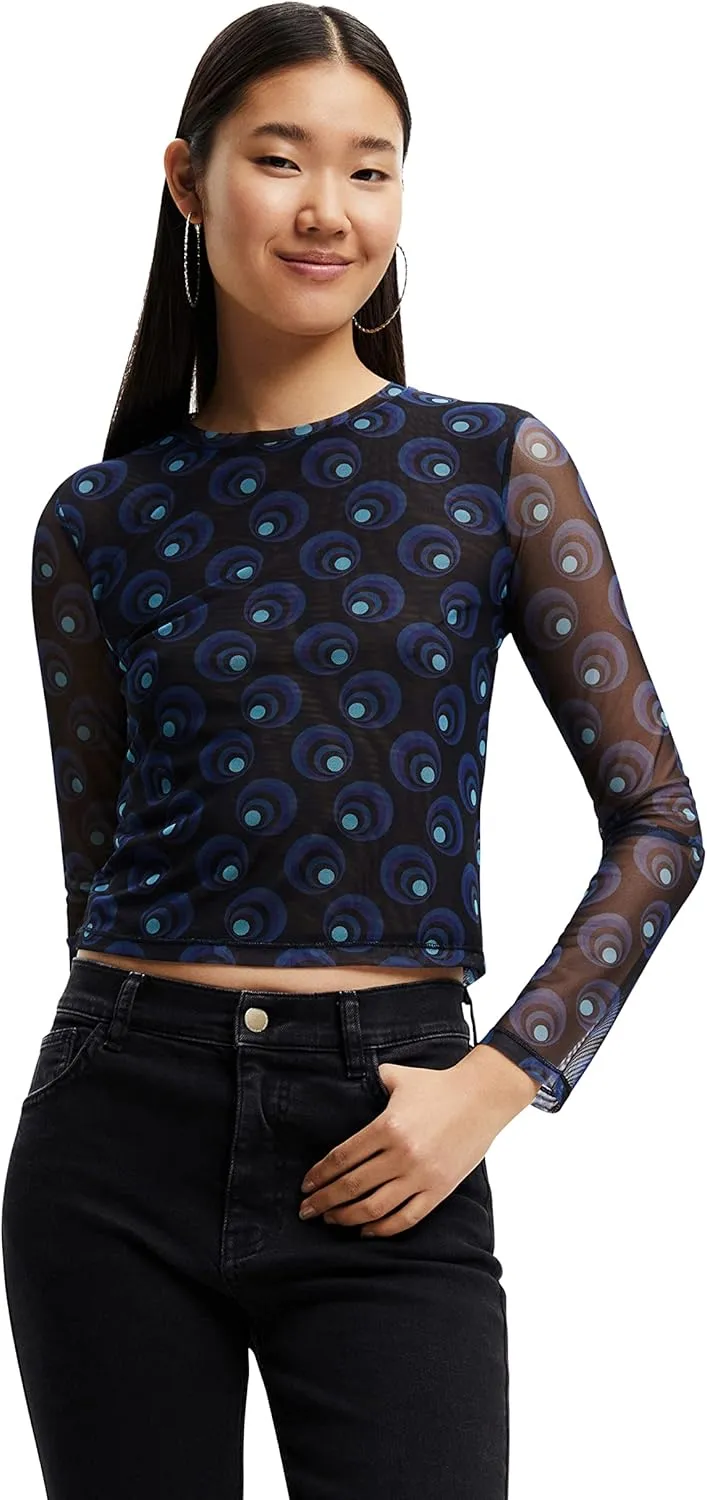 Desigual Damen Langarmshirt - Schwarzes Mesh-Shirt mit blauem Kreisprint 22WWTK815000 GR. XS Desigual Damen Langarmshirt - Schwarzes Mesh-Shirt mit blauem Kreisprint 22WWTK815000 GR. XS