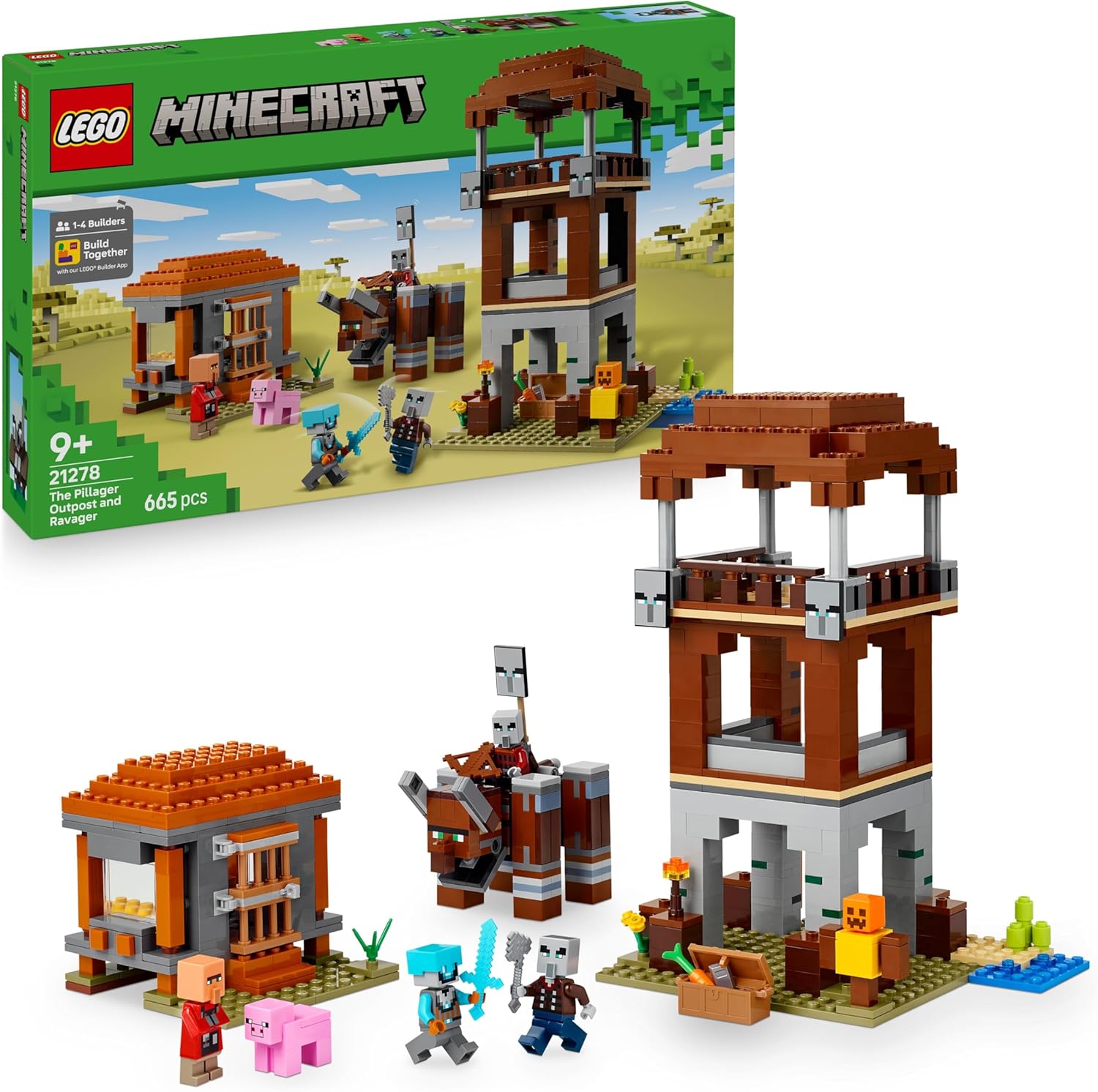 LEGO® Minecraft™ 21278 Ein Verwüster am Plünderer Außenposten LEGO® Minecraft™ 21278 Ein Verwüster am Plünderer Außenposten – Verpackung, Zubehör und Details sichtbar