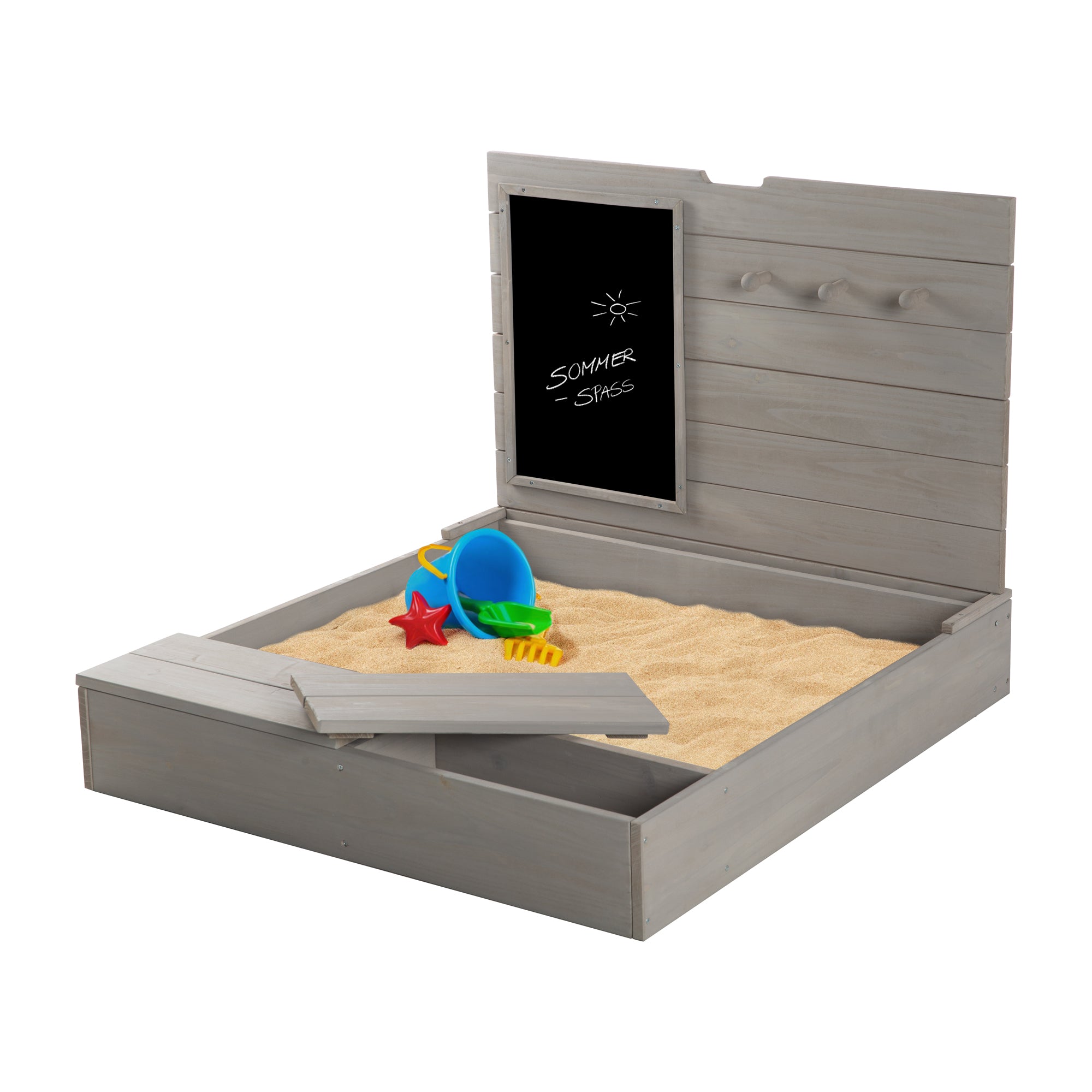 Roba 456011GA Sandkasten mit Deckel, Tafel & Haken grau – Outdoor + - Bild 3 Roba 456011GA Sandkasten mit Deckel, Tafel & Haken grau – Outdoor + - Produktbild 3