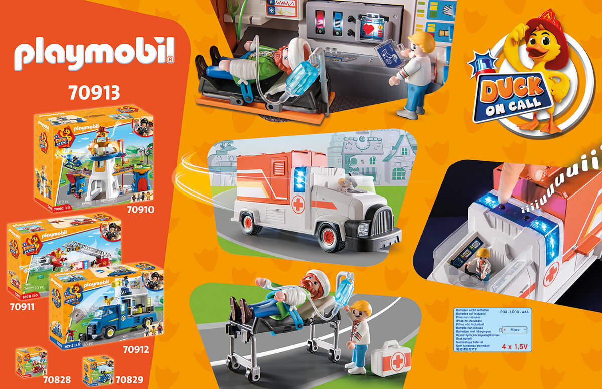 PLAYMOBIL 70913 DUCK ON CALL - Notarzt Truck Werbung, Plakat, Person, Maschine, Rad