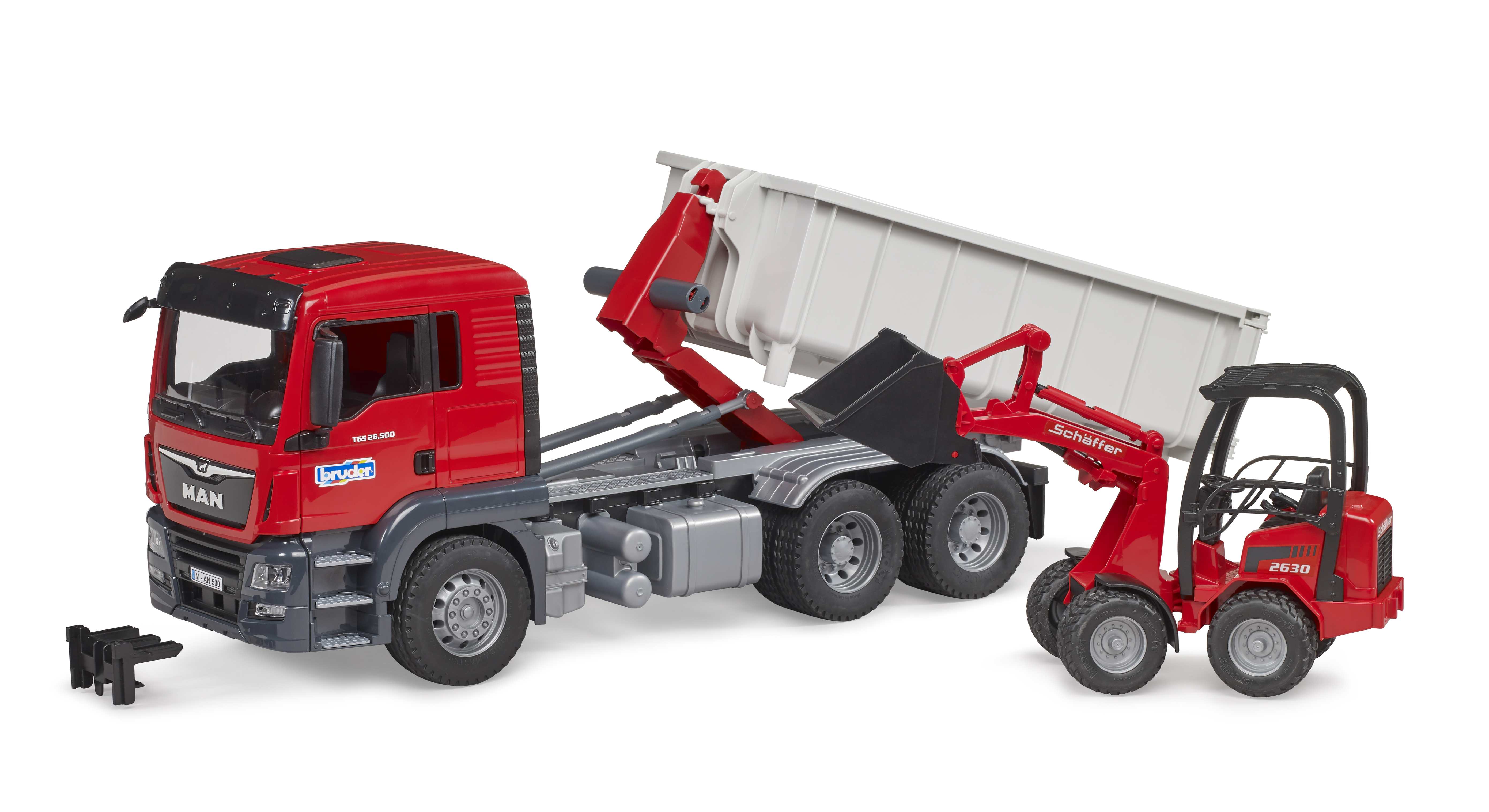 BRUDER 03767 - MAN TGS LKW mit Abrollcontainer mit Schäffer Hoflader 2630 BRUDER 03767 - MAN TGS LKW mit Abrollcontainer mit Schäffer Hoflader 2630