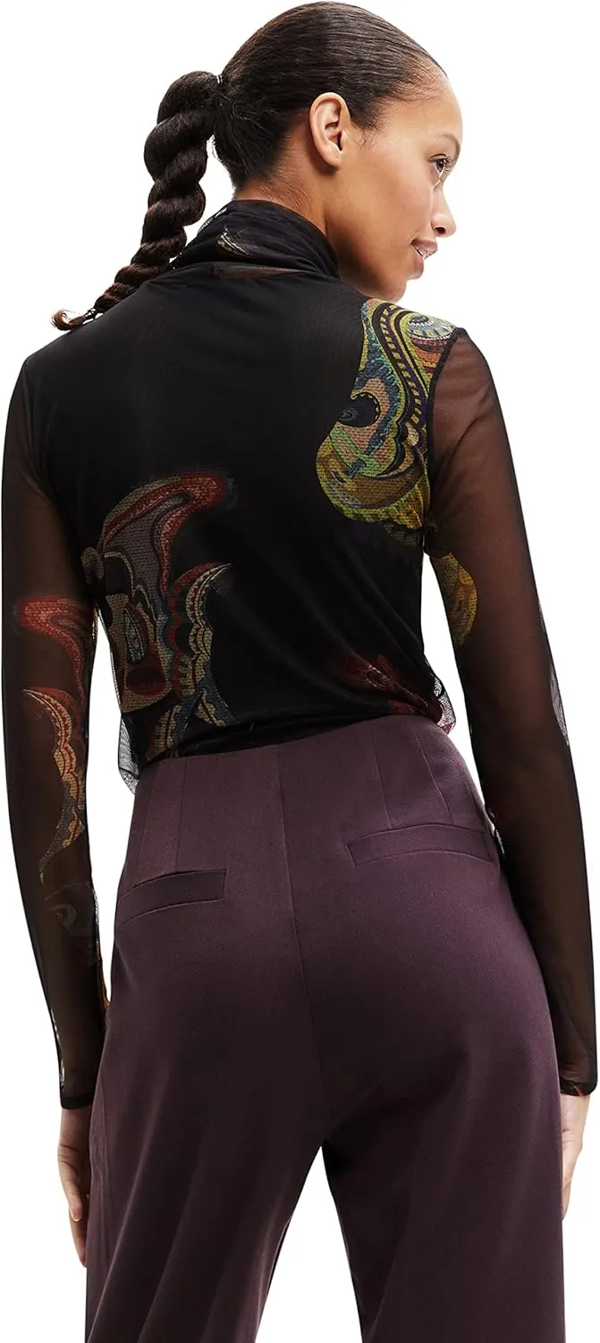 Desigual Damen Langarmshirt - Schwarzes Mesh-Shirt mit buntem Print 22WWTK392000 GR. M