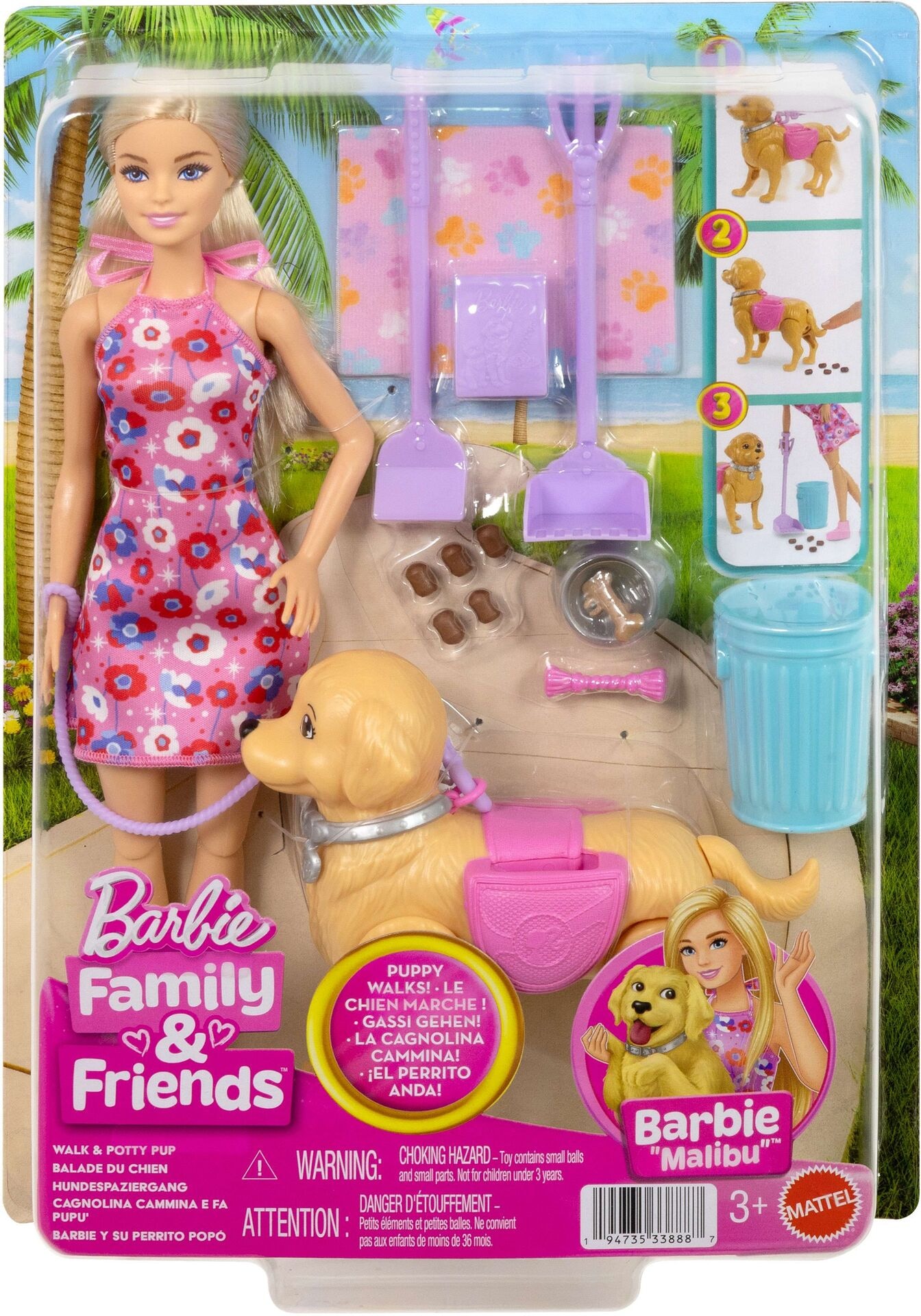 Puppe - Mattel - Barbie Malibu Hundespaziergang Spielset, enthält Puppe, Hund zum Spazierengehen und Häufchenmachen &