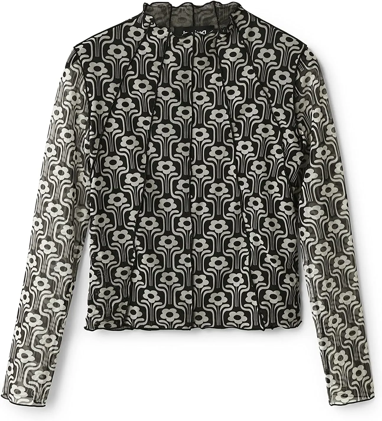 Desigual Damen Langarmshirt - Schwarz-weißes Retro-Mesh-Shirt mit Blumenmuster 22WWTKA42000 GR. M Desigual Damen Langarmshirt - Schwarz-weißes Retro-Mesh-Shirt mit Blumenmuster 22WWTKA42000 GR. M