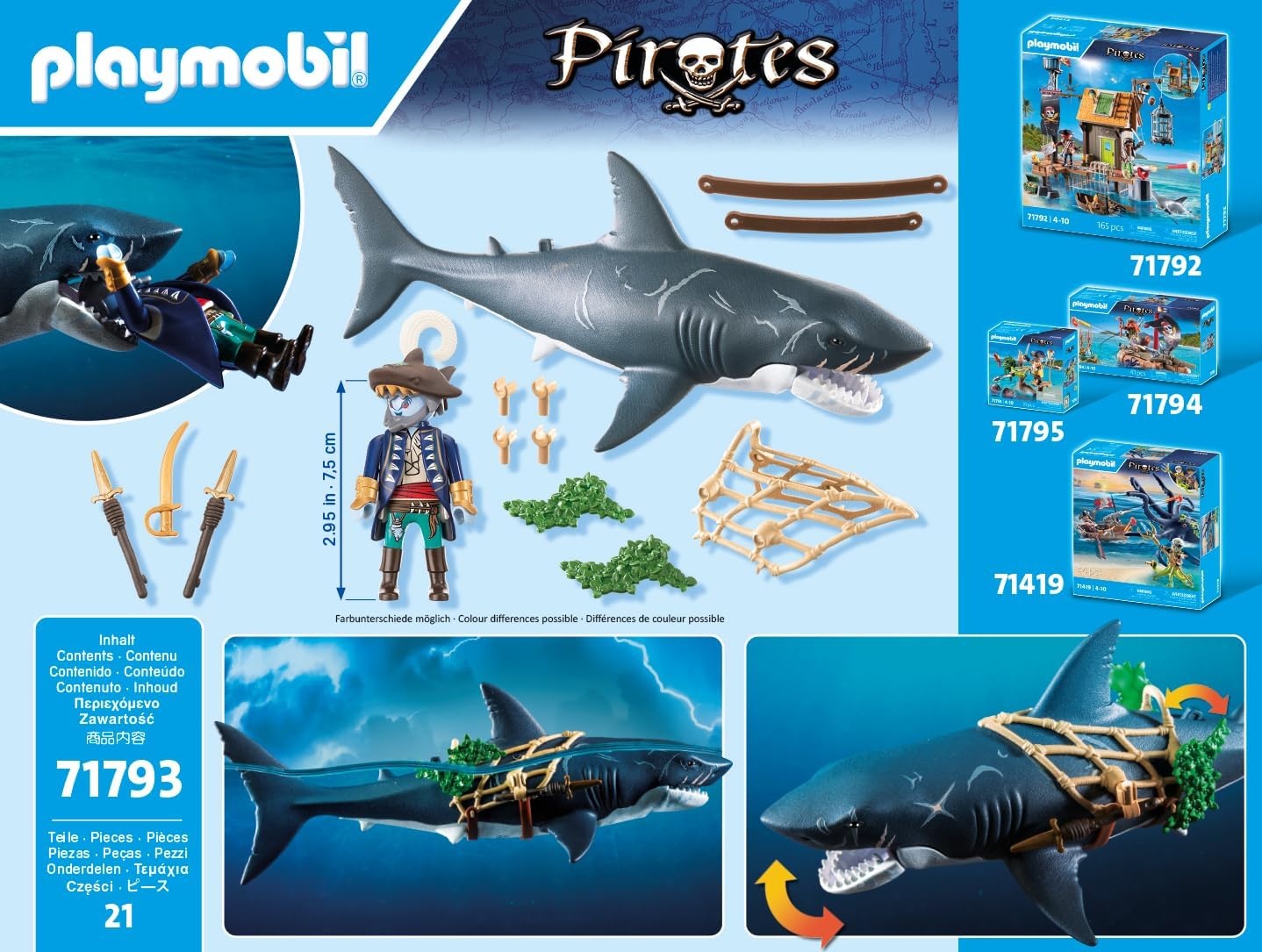 PLAYMOBIL 71793 - Pirates: Gefahr durch Riesenhai mit Hai-Pirat Tier, Fische, Leben im Meer, Hai, Person