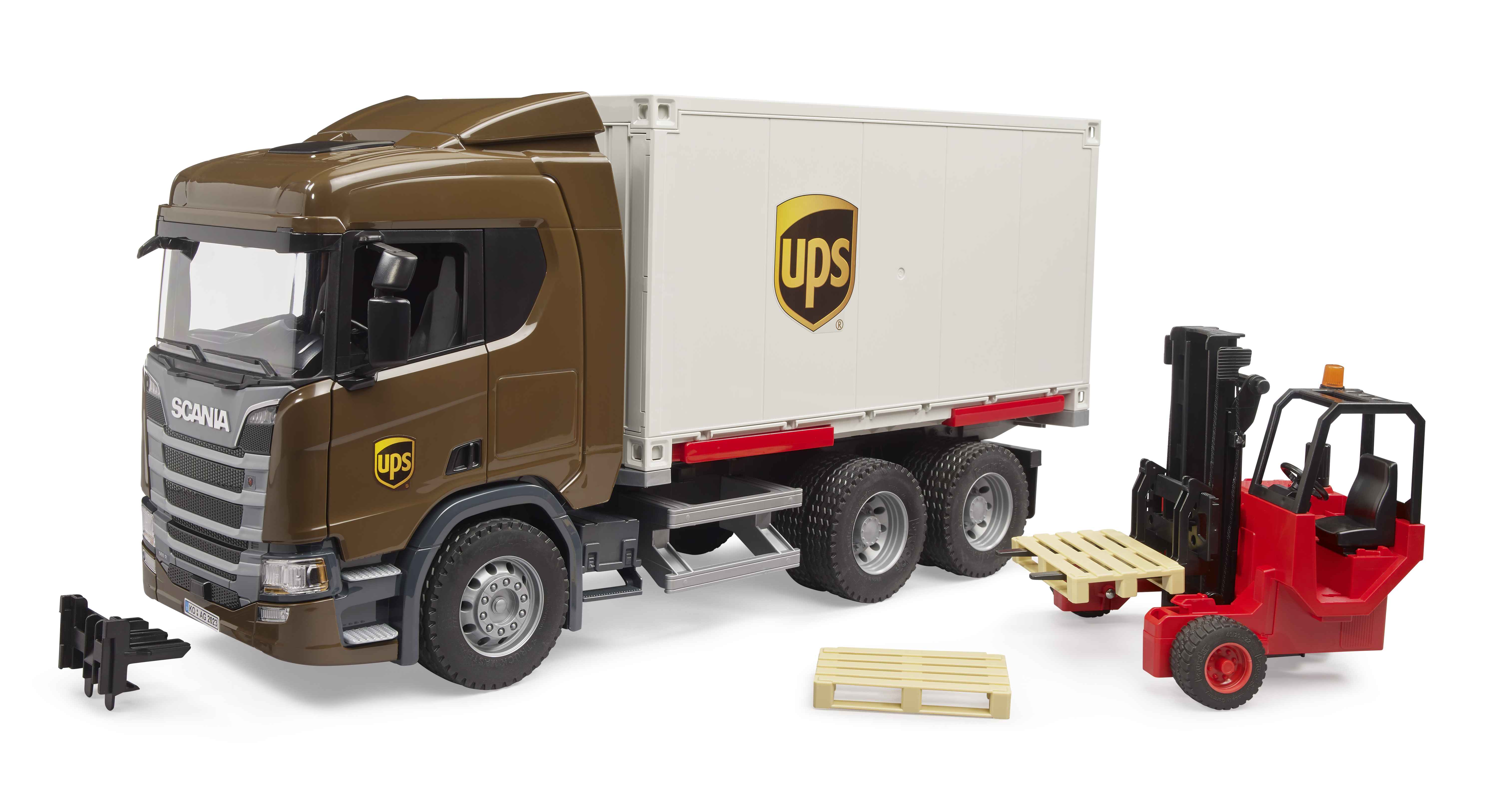 BRUDER 03582 - Scania Super 560R UPS Logistik-LKW mit Mitnahmestapler BRUDER 03582 - Scania Super 560R UPS Logistik-LKW mit Mitnahmestapler