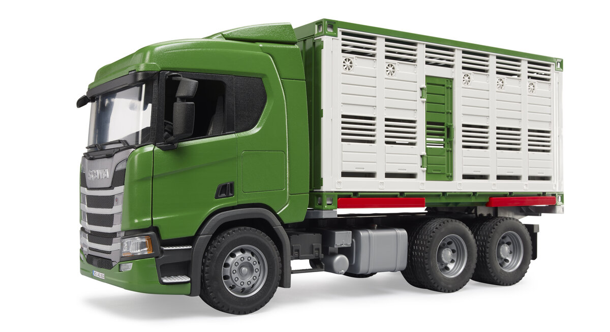 BRUDER 03548 - Scania Super 560R Tiertransport-LKW mit 1 Rind Anhänger-LKW, Lastwagen, Fahrzeug, Maschine, Rad