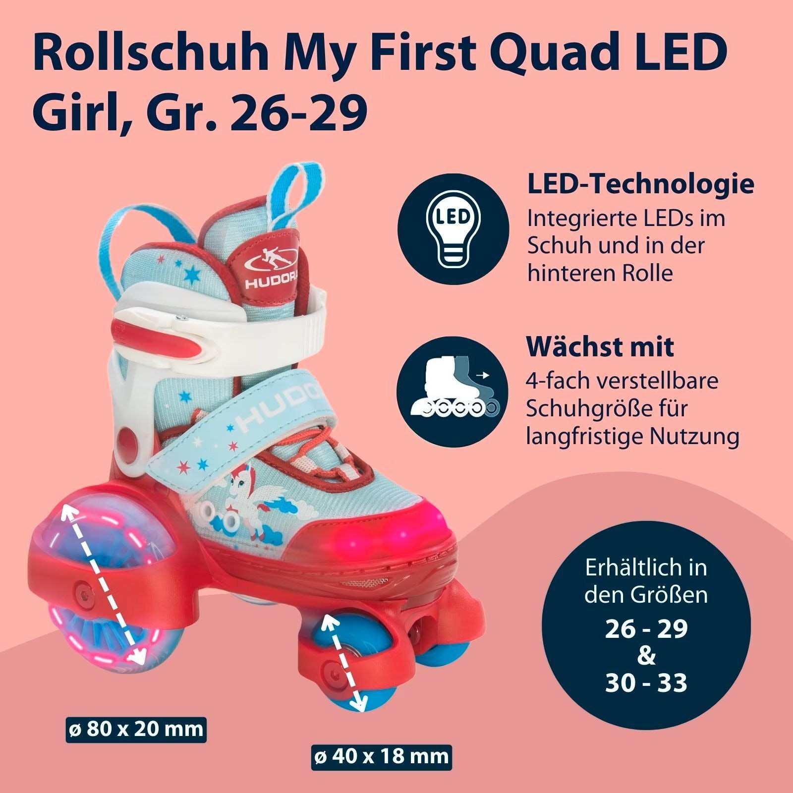 Produktfoto - Hudora - HUDORA Rollschuh My First Quad LED, Girl, Gr. 26-29 - Modell HUDORA 22051