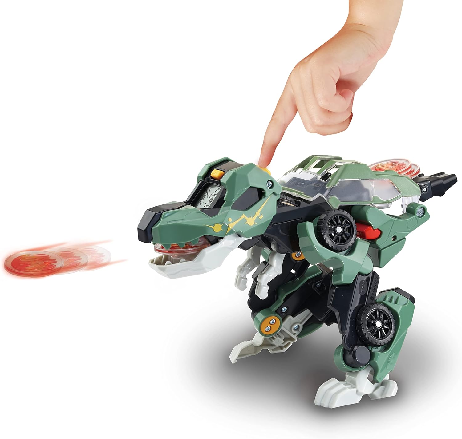 VTech Switch & Go Dinos Launcher-T-Rex, interaktives Dino-Spielzeug ab 3 Jahren VTech Switch & Go Dinos Launcher-T-Rex aus grünem Kunststoff, verwandelt sich von Dino zu Fahrzeug, LCD-Effekte, 3 Launch Discs, Sound & Modus-Sätze, kindersicheres Batteriefach, ab 3 J., Schale, Teller, Tier, Fische, Leben im Meer, Schale, Teller, Tier,