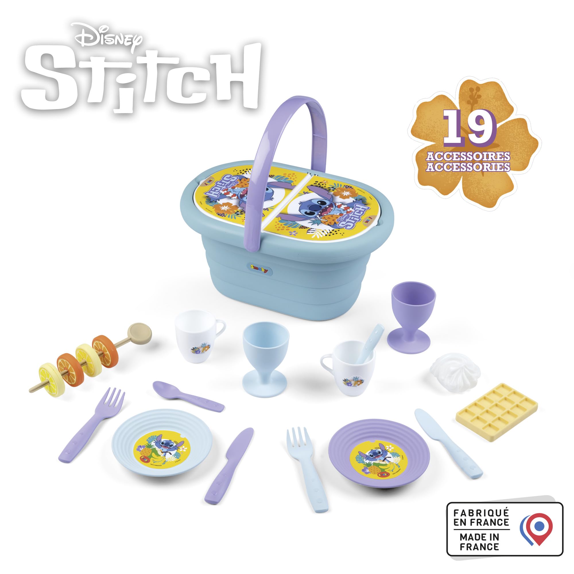 Smoby Stitch Picknickkorb 19-teilig ab 3 Jahren Smoby Stitch Picknickkorb mit 19 Teilen Tassen, Teller, Besteck, Milchkännchen, Zuckerbehälter, Sticker, 26,5 × 19 × 13 cm, ab 3 Jahren, Besteck, Mittagessen, Tasse, Gabel, Löffel