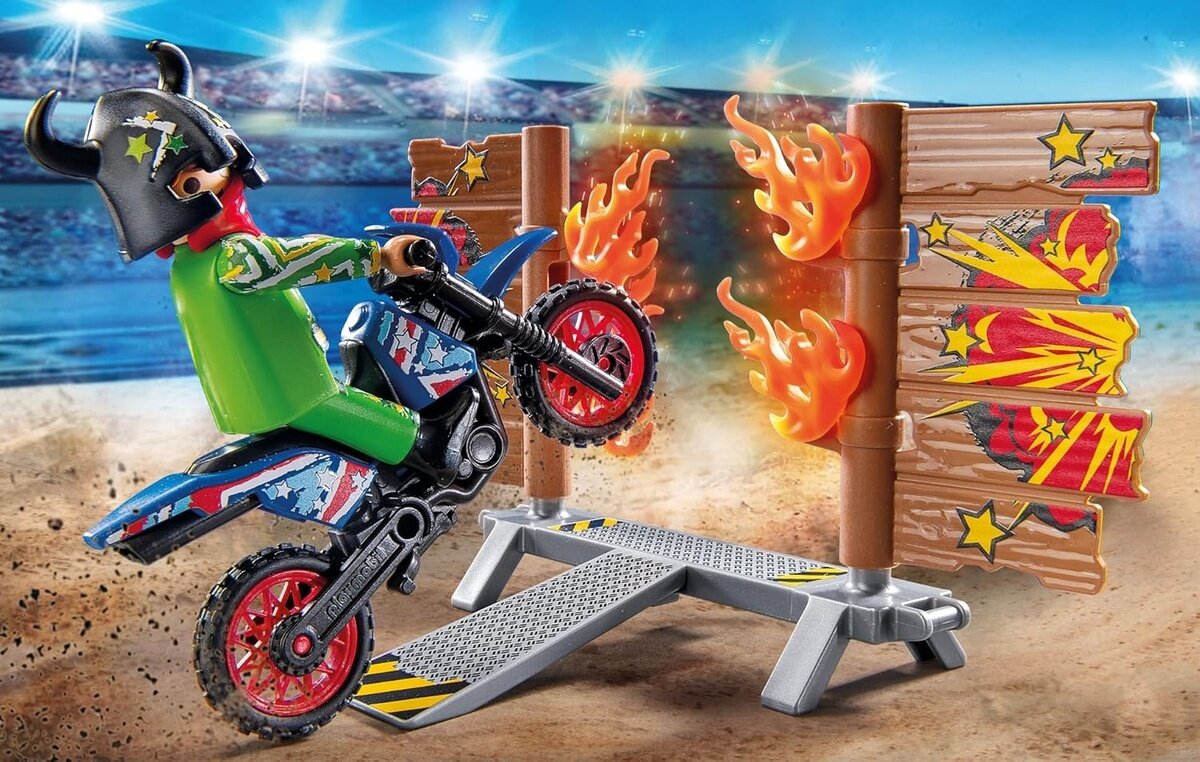 PLAYMOBIL 71808 - Action Heroes: Stunt Show mit Motorrad, Rampe & Feuerring Motorrad, Fahrzeug, E-Scooter, Maschine, Rad