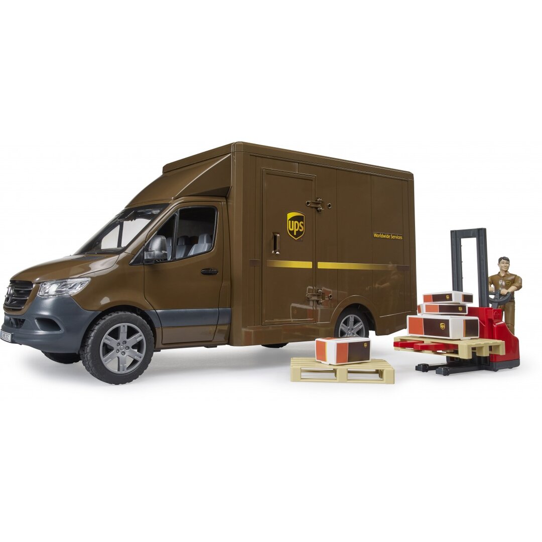 BRUDER 02678 - MB Sprinter UPS mit Fahrer und Zubehör Umzugswagen, Transport, Transporter, Fahrzeug, Person