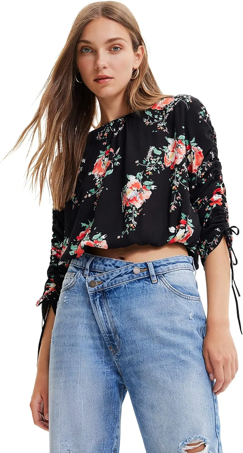 Desigual Damen Bluse - Schwarz, Blumenmuster 22WWBW152000 GR. S Desigual Damen Bluse - Schwarz, Blumenmuster 22WWBW152000 GR. S