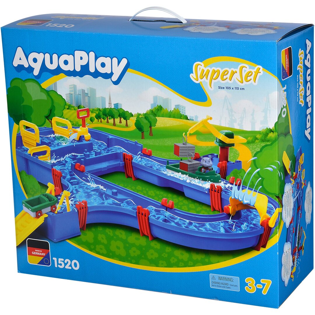AquaPlay 8700001520 Superset - Wasserbahn mit vielen Spielfunktionen bestehend aus 41 Teilen, Spieleset inklusive 1 Hippo Wilma, Amphibienauto und Transportboot mit 2 Containern Spielbereich, Drinnen