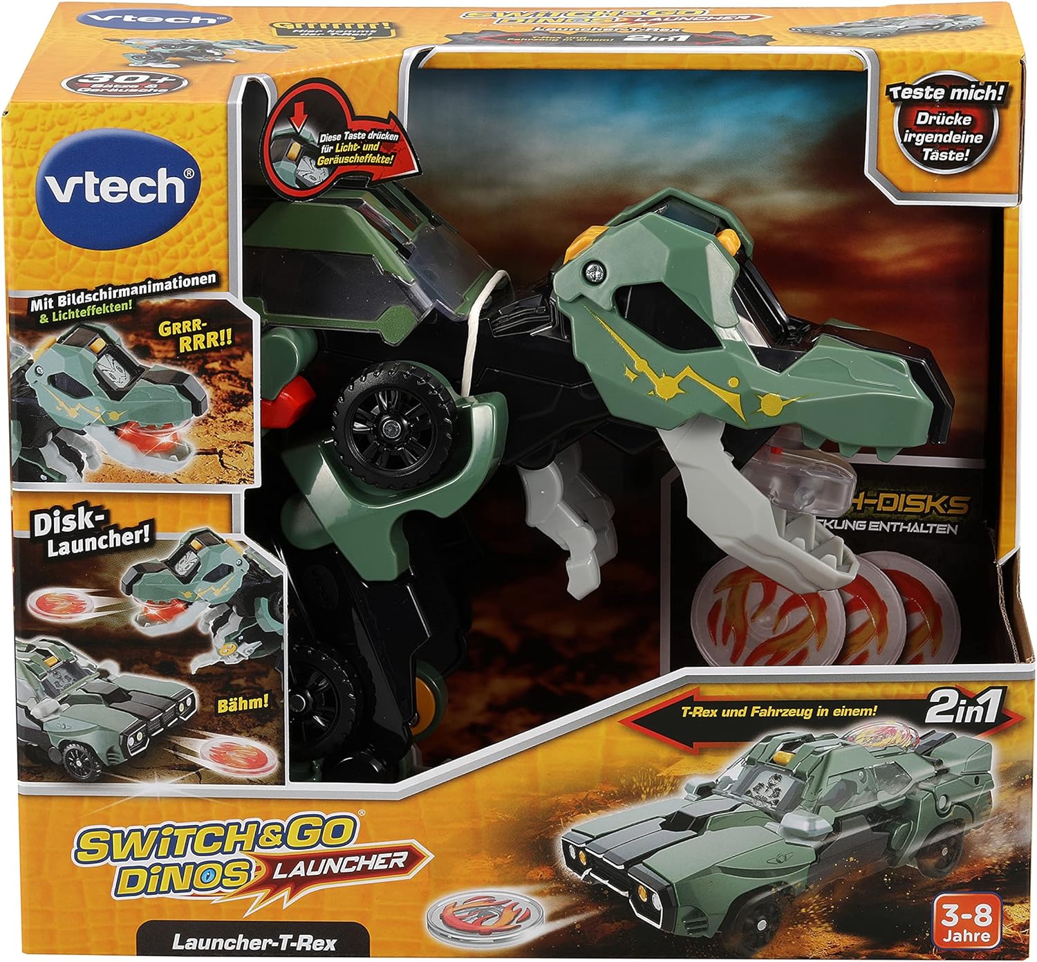 VTech Switch & Go Dinos Launcher-T-Rex, interaktives Dino-Spielzeug ab 3 Jahren VTech Switch & Go Dinos Launcher-T-Rex aus grünem Kunststoff, verwandelt sich von Dino zu Fahrzeug, LCD-Effekte, 3 Launch Discs, Sound & Modus-Sätze, kindersicheres Batteriefach, ab 3 J., Roboter, Spielzeug, Roboter, Spielzeug