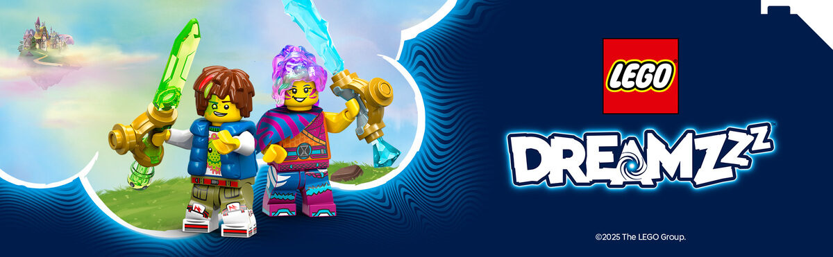 LEGO DREAMZzz Figuren mit Fantasiewaffen vor traumhafter Landschaft und Schloss im Hintergrund LEGO DREAMZzz Figuren mit Fantasiewaffen vor traumhafter Landschaft und Schloss im Hintergrundб Baby, Person, Werbung, Baby, Person, Werbung