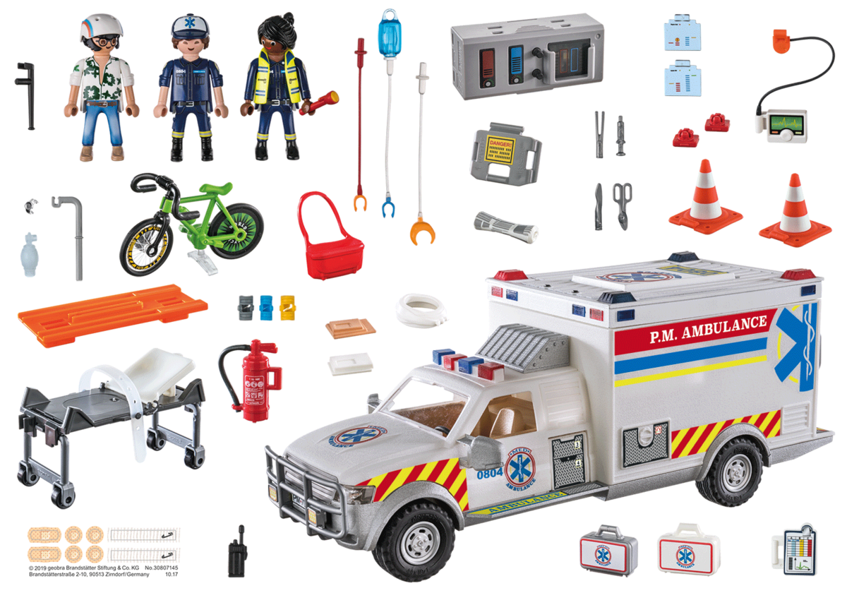 PLAYMOBIL 70936 Rettungs-Fahrzeug: US Ambulance Lieferwagen, Person, Motorrad, Krankenwagen, Rad