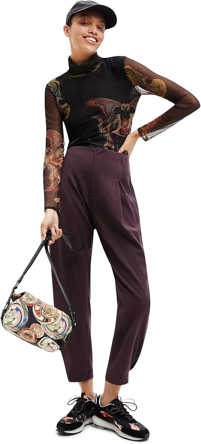 Desigual Damen Langarmshirt - Schwarzes Mesh-Shirt mit buntem Print 22WWTK392000 GR. M