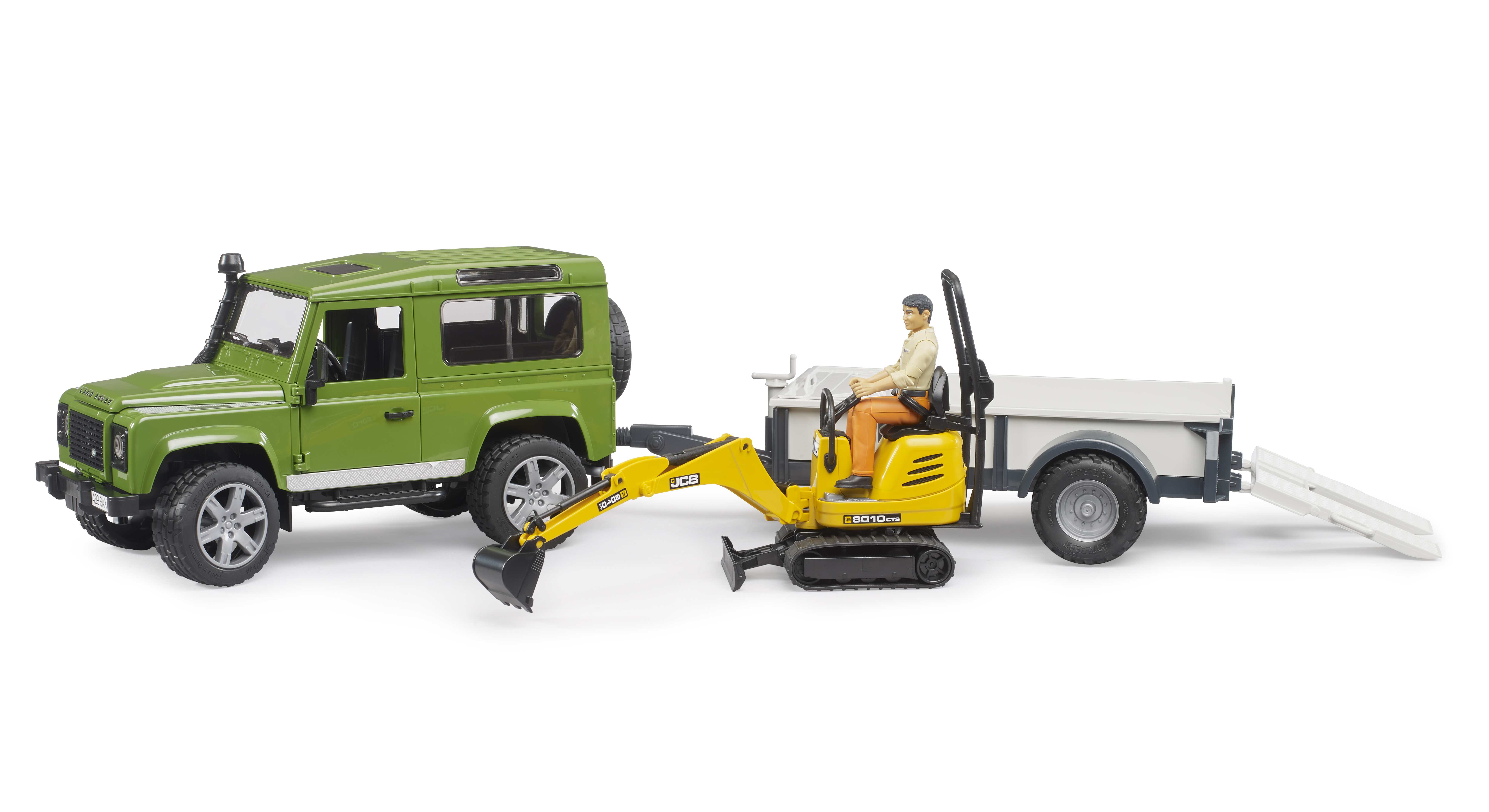 BRUDER 02593 - Land Rover Defender Station Wagon mit Einachsanhänger, JCB Mikrobagger 8010 CTS und Bauarbeiter - Bild 6