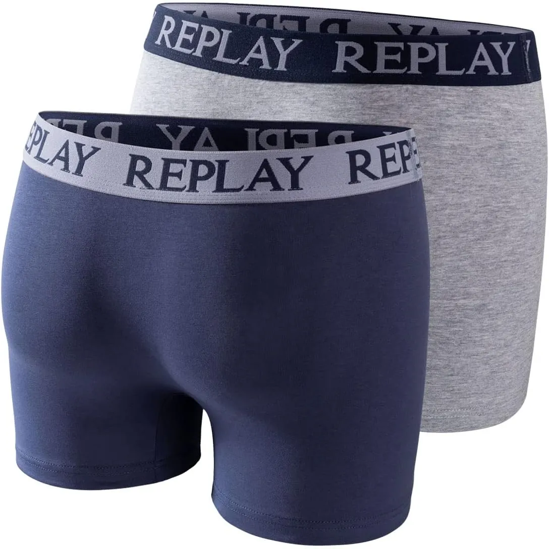 REPLAY Herren Boxershorts I101143IG – Indigo/Grau, 2er Pack Cotton-Stretch GR. L