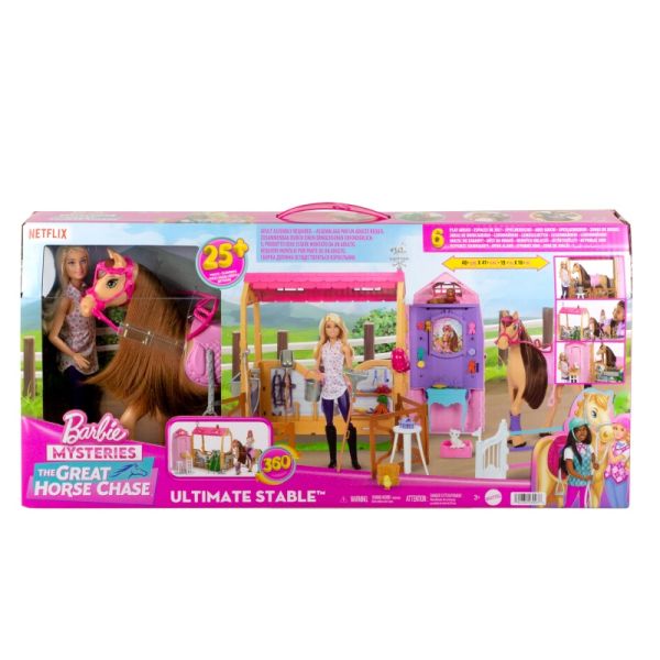 Barbie® Mysteries - Pferdestall-Playset mit Puppe & Pferd, 6 Spielbereiche & 25 Zubehörteile, HXJ44