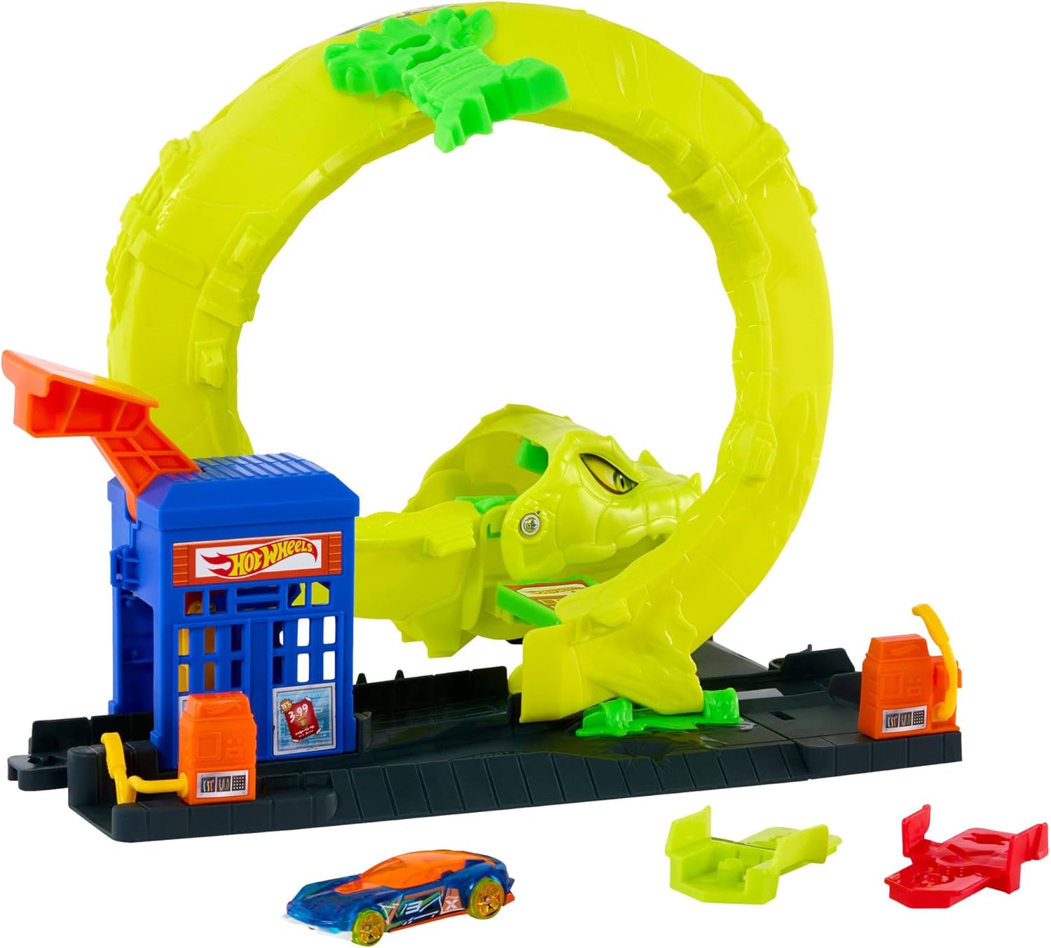 Hot Wheels Schlangen-Spiralattacke Spielset mit Die-Cast-Spielzeugauto im Maßstab 1:64 und schnellem Track-Stecksystem