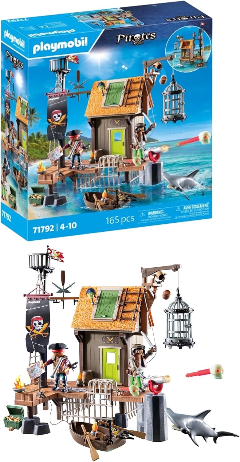PLAYMOBIL 71792 Pirates: Piratenhafen mit Seeräuber-Gefängnis & Haikäfig Hütte, Draußen, Ländlich, Person, Hai