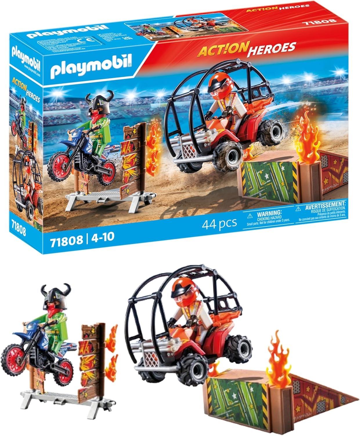 PLAYMOBIL 71808 Action Heroes: Stunt Show mit Motorrad, Rampe & Feuerring Helme, Person, Maschine, Rad, Motorrad