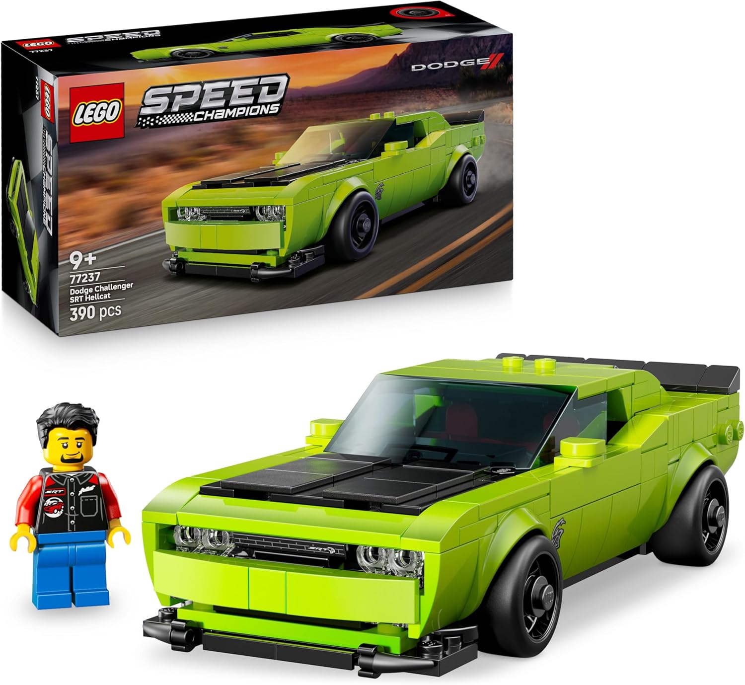 LEGO Speed Champions 77237 Dodge Challenger SRT Hellcat gelbes Muscle-Car mit Rennfahrer-Minifigur