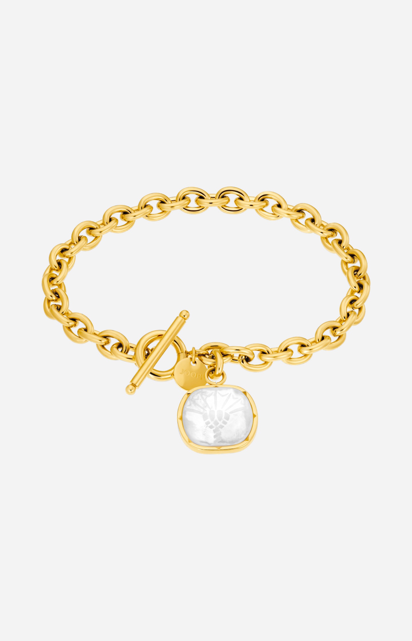 JOOP!, Armband, Damen-T-Bar, Armband, aus, Edelstahl, mit, Perlmutt-Anhänger, &, Kornblumen-Motiv, Ankergliederung, Karabinerverschluss, 20, 5, cm, goldfarben