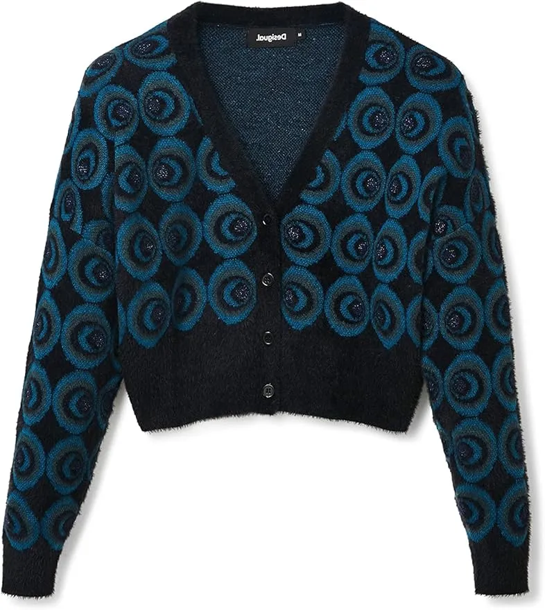 Desigual Damen Strickjacke - Schwarze Cardigan mit blauem Kreis-Muster 22WWJF874139 GR. M