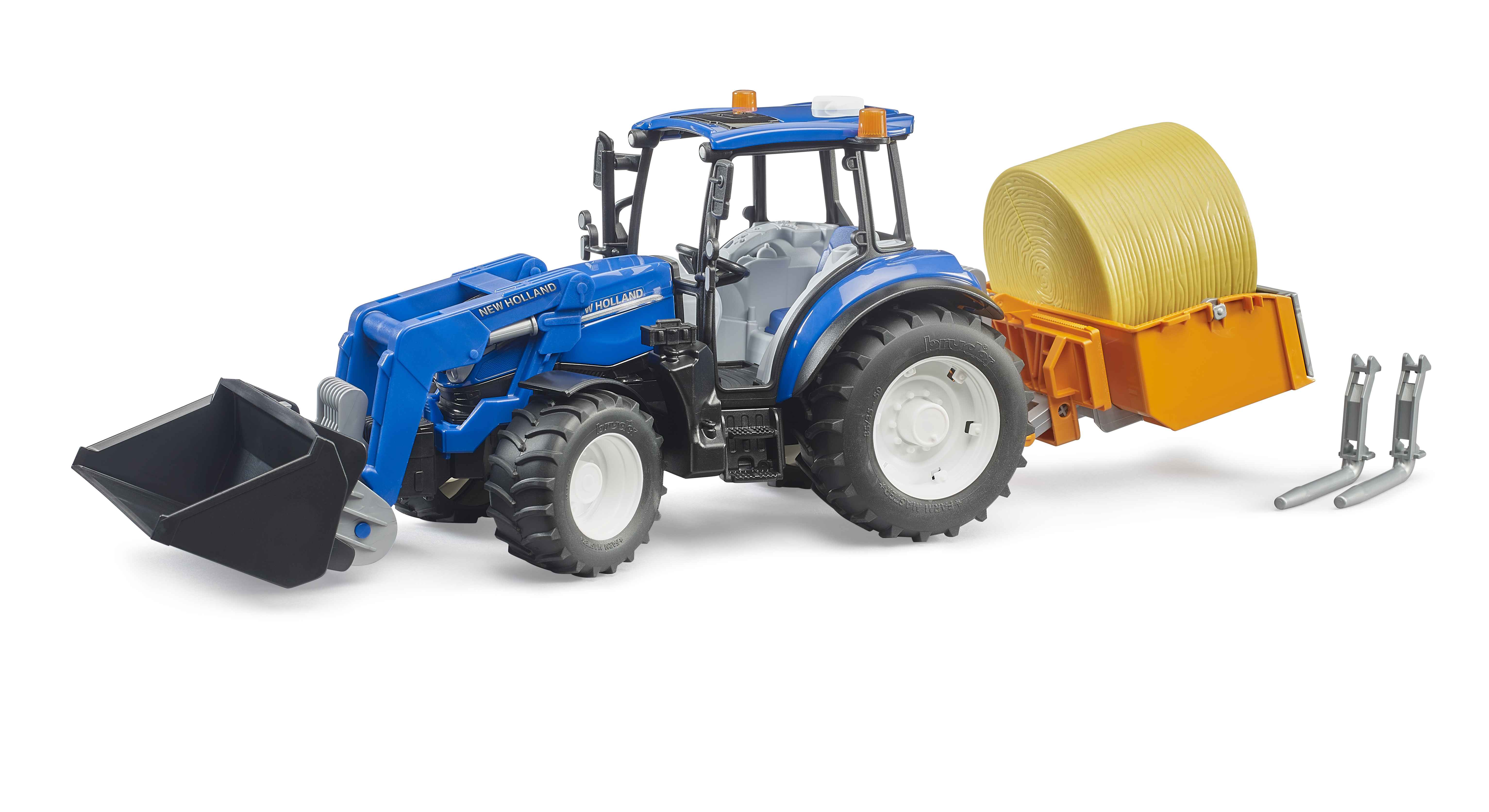 BRUDER 02187 - New Holland T5.120 mit Frontlader, Ladekasten, Gabeln und Rundballen