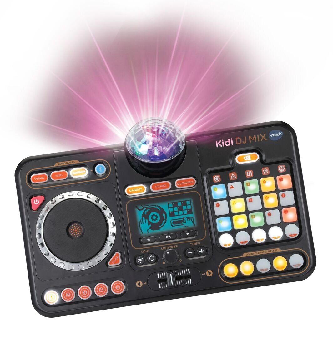 VTech Kidi DJ Mix interaktives DJ-Pult ab 6 Jahren VTech Kidi DJ Mix Spielkonsole in Schwarz/Multicolor aus Kunststoff mit Jog-Wheel, LED-Sound-Pad, Crossfader, Mikrofon, Bluetooth, Disco-Licht & 15 Melodien, ab 6 J.,