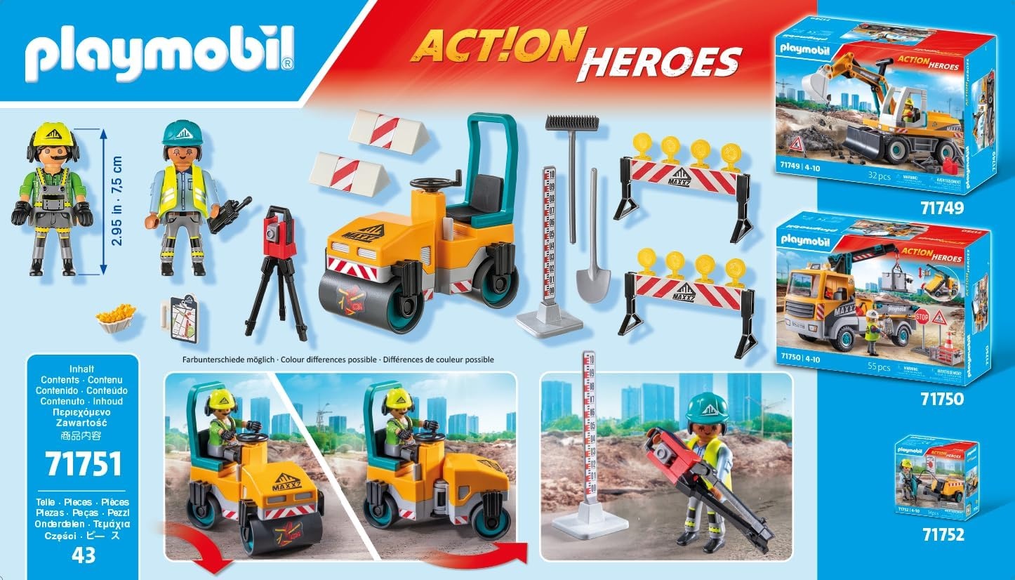PLAYMOBIL 71751 - Action Heroes: Straßenbaustelle mit Walze, Absperrung & Bauarbeitern Person, Spielzeug, Helm