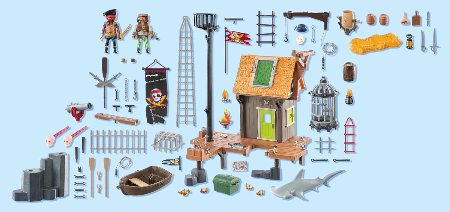PLAYMOBIL 71792 - Pirates: Piratenhafen mit Seeräuber-Gefängnis & Haikäfig Person, Draußen