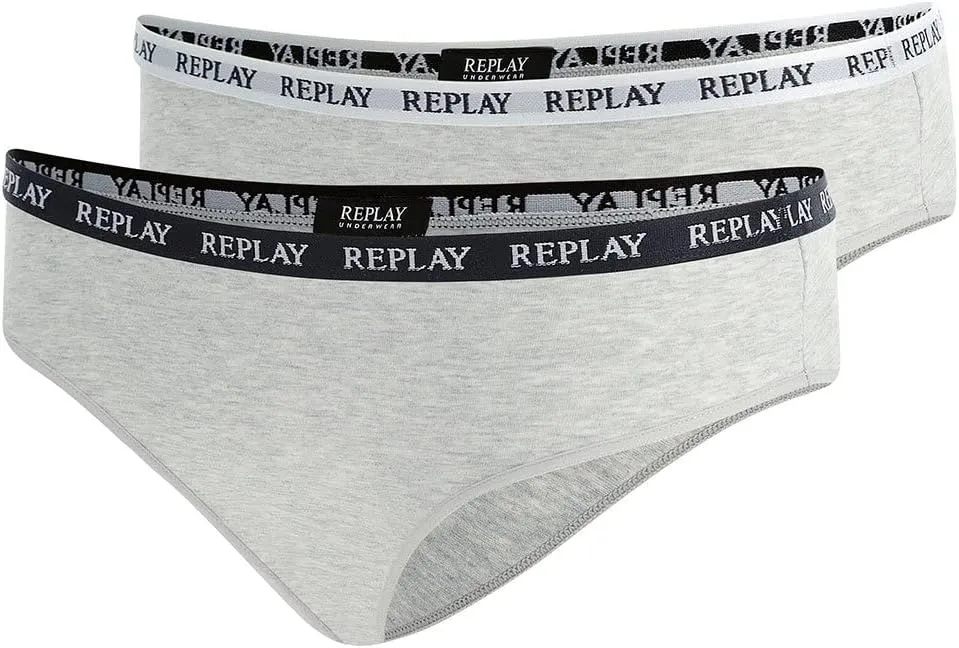 REPLAY Damen Slips I101297GR - Grau/Weiß/Schwarz, 2er Pack mit Logo-Bund REPLAY Damen Slips I101297GR - Grau/Weiß/Schwarz, 2er Pack mit Logo-Bund