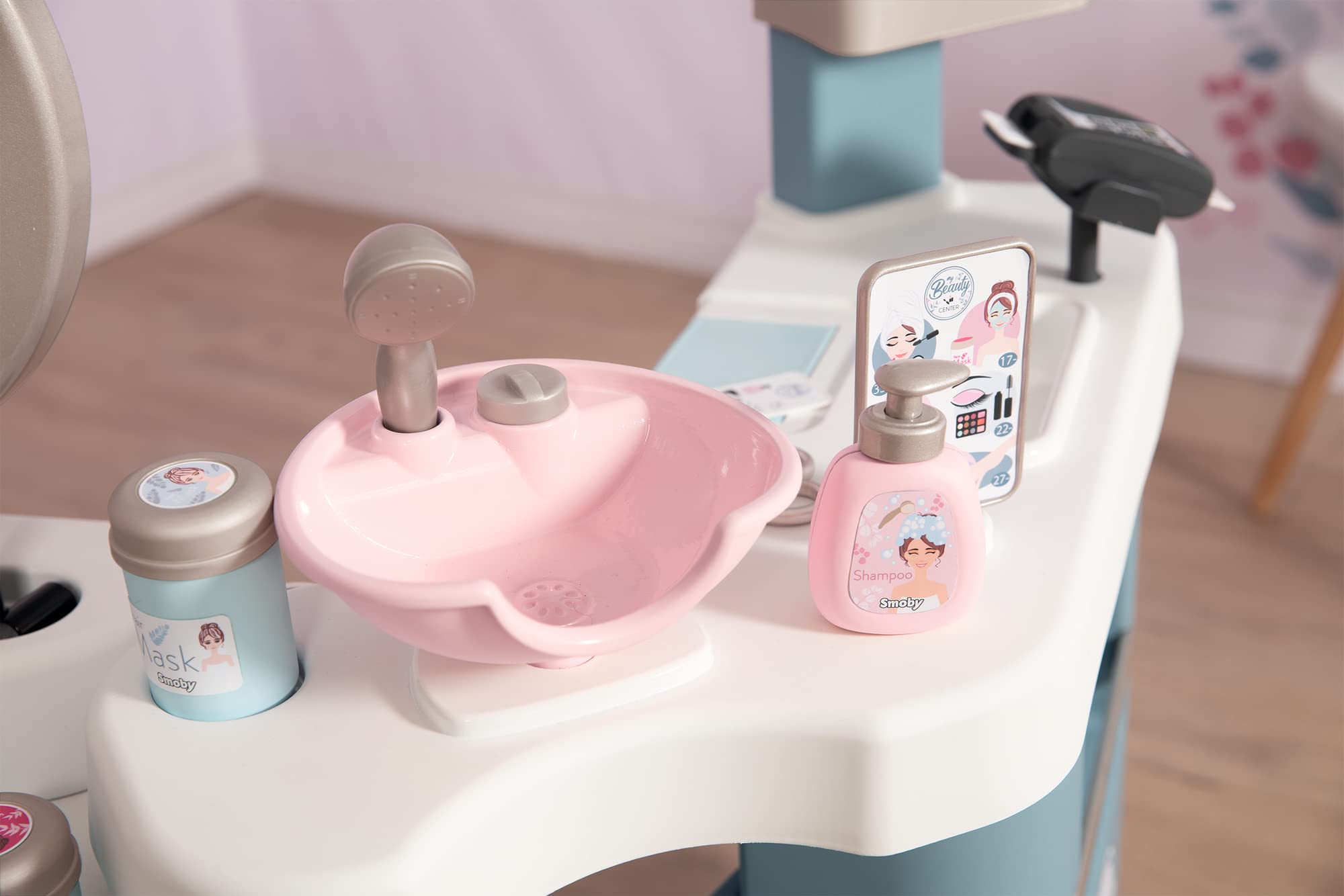 Smoby My Beauty Center Spielset: Friseur-, Make-up- und Verkaufsstation mit 32 Zubehörteilen Fen, UV-Lampe, Kosmetik, Kasse, ab 3 Jahren, Becken