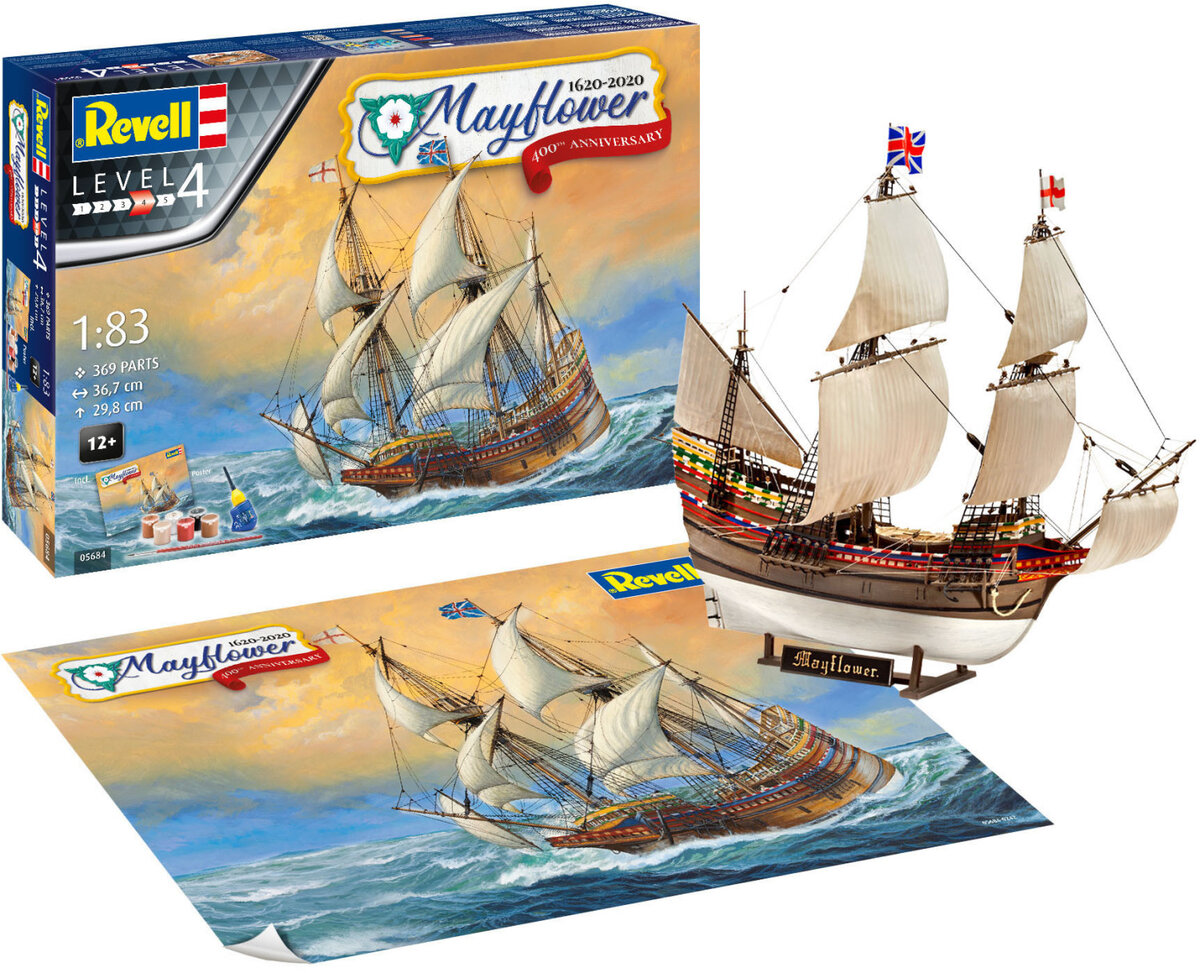 Revell_05684_Geschenkset_Mayflower_-_400th_Anniversary_Revell_Modellbausatz_mit_Basiszubehör, Boot, Transport, Fahrzeug, Segelboot