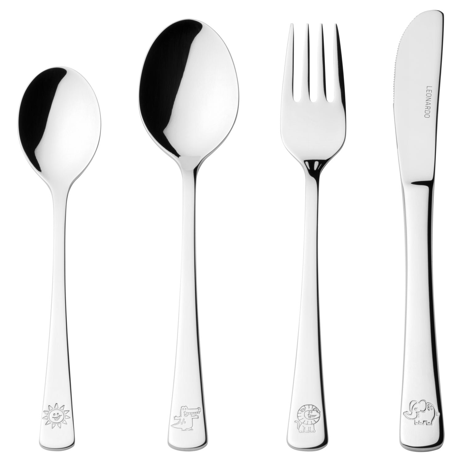 Leonardo 070798 Kinderbesteck BAMBINI 4-teilig Silber Krokodil, Elefant, Löwe Leonardo 070798 Kinderbesteck BAMBINI 4-teilig Silber Krokodil, Elefant, Löwe